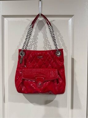 Coach Poppy Patent Leather Quilted Turnlock Shoulder Bag Red Silver Chain -18673